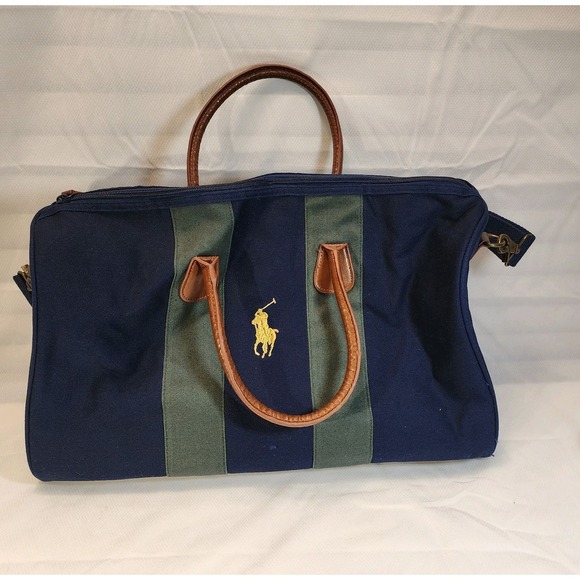 POLO RALPH LAUREN FRAGRANCE DUFFLE BAG DARK BLUE Green Brown Faux Leather Handle - Picture 1 of 10